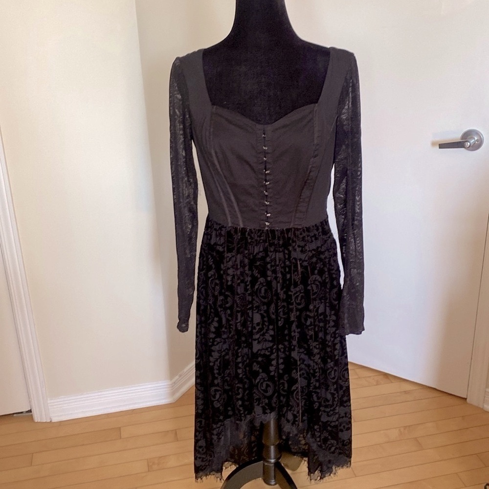 Black Lace High-Low Black Velvet Corset Midi Goth Dress Size 11 - Picture 12 of 17
